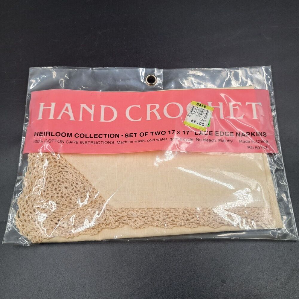 NEW (2) Hand Crochet Lace Edge Cloth Napkins Heirloom Collection Beige 17x17"